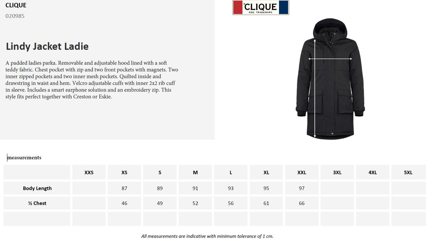 Clique Lindy Ladies Padded Parka Coat | Waterproof | Hood | Breathable | Black | XS-2XL - Winter Jacket - Logo Free Clothing