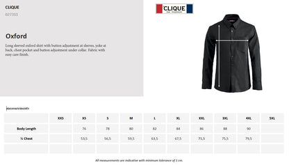 Clique Oxford Mens Shirt | Long Sleeve | Collar | Easy Care Cotton | 3 Colours | S-4XL