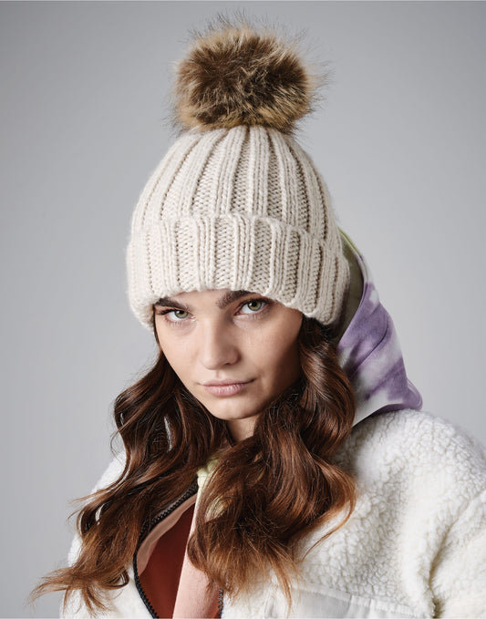 Beechfield | Faux Fur Pom Pom Chunky Beanie | Logo Free Clothing