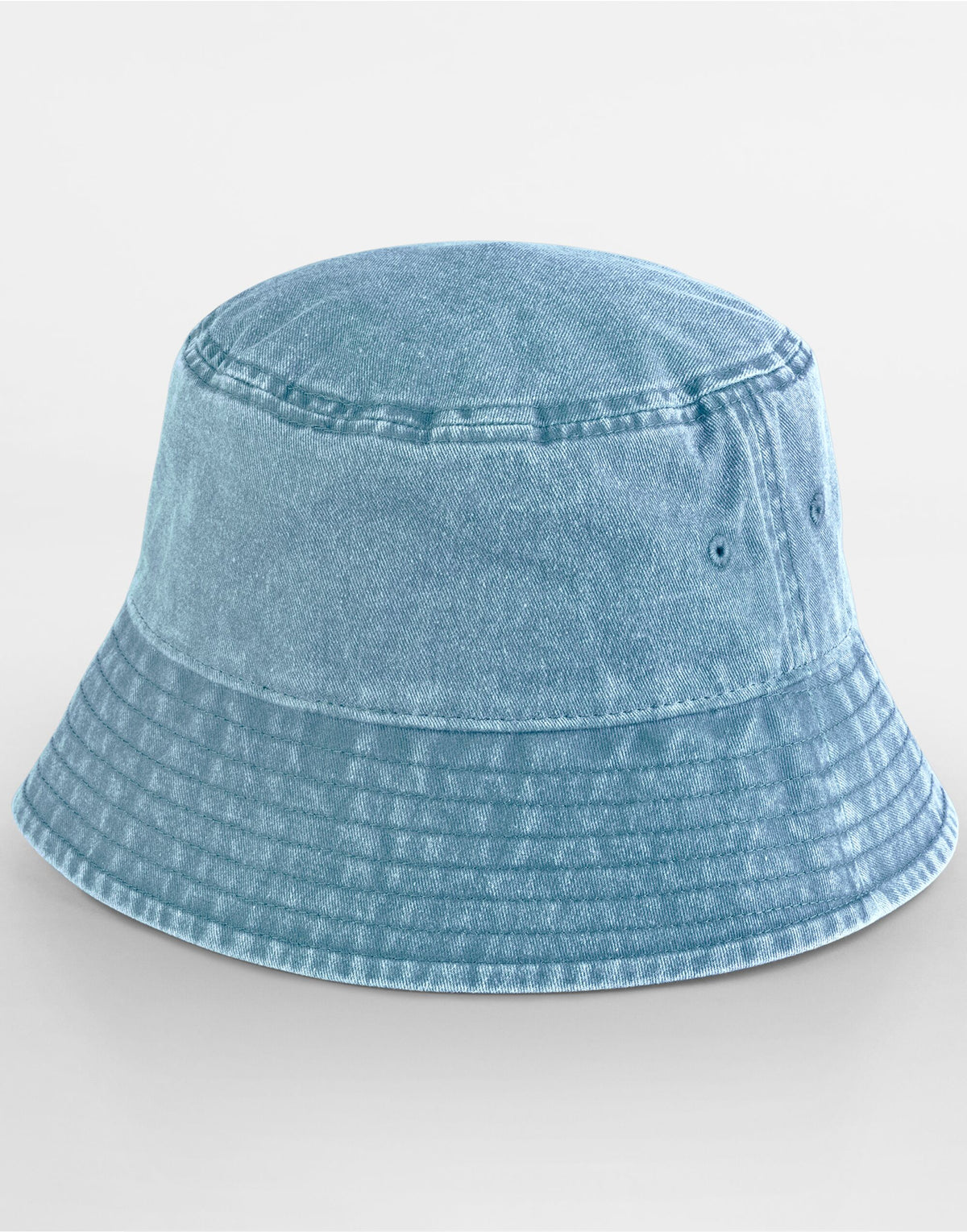 Beechfield Vintage Bucket Hat in Vintage Light Denim, three-quarter view, grey background
