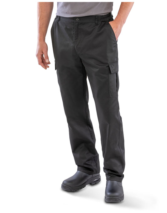 Model wearing the Result Recycled Utility Trousers in Black, front view