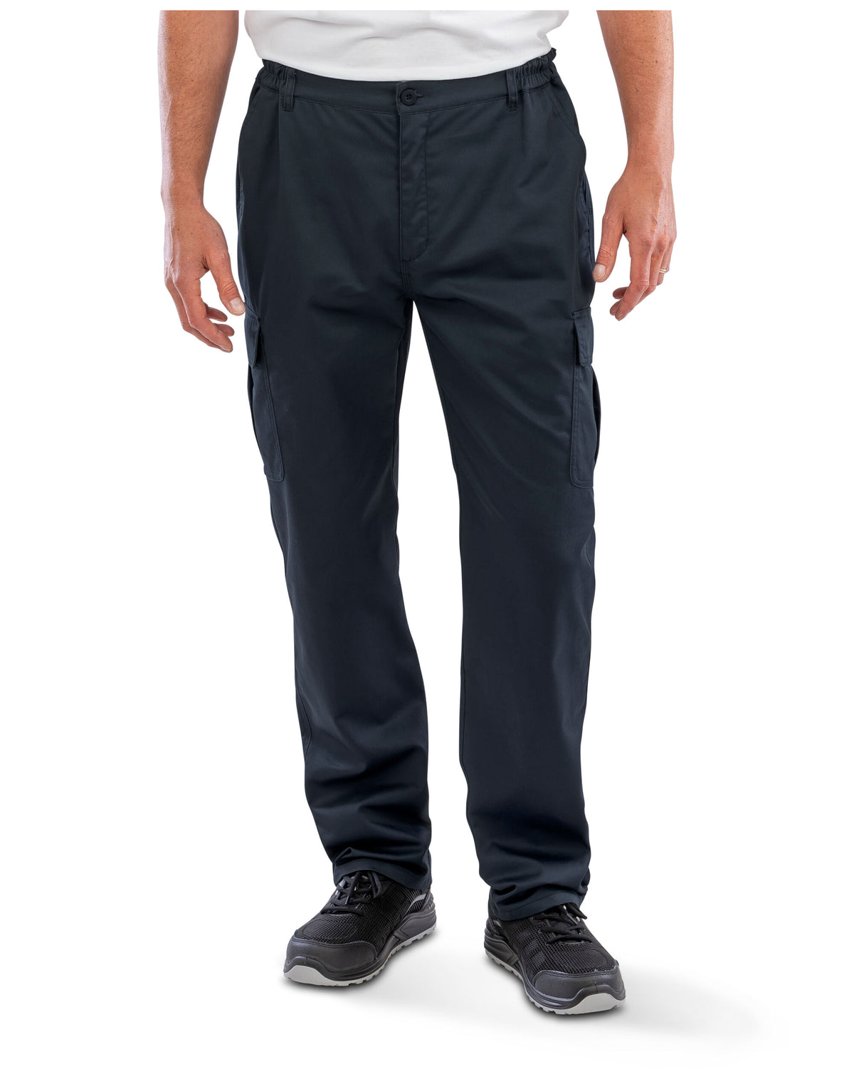 Model wearing the Result Recycled Utility Trousers in Navy, front view