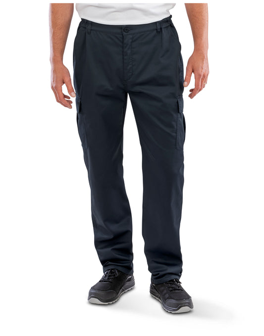 Model wearing the Result Recycled Utility Trousers in Navy, front view