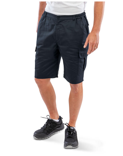 Model wearing the Result Recycled Utility Shorts in Navy, front view