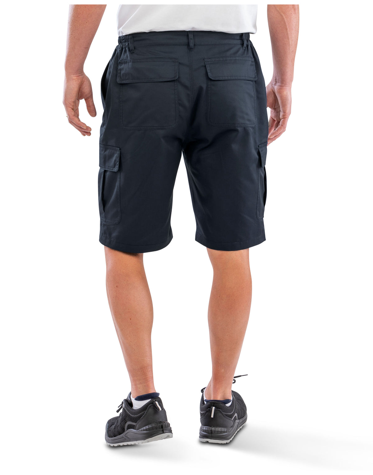 Model wearing the Result Recycled Utility Shorts in Navy, back view