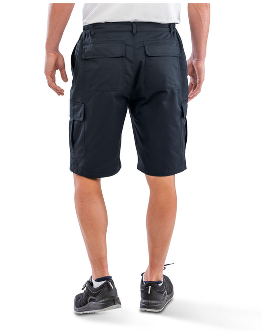 Model wearing the Result Recycled Utility Shorts in Navy, back view