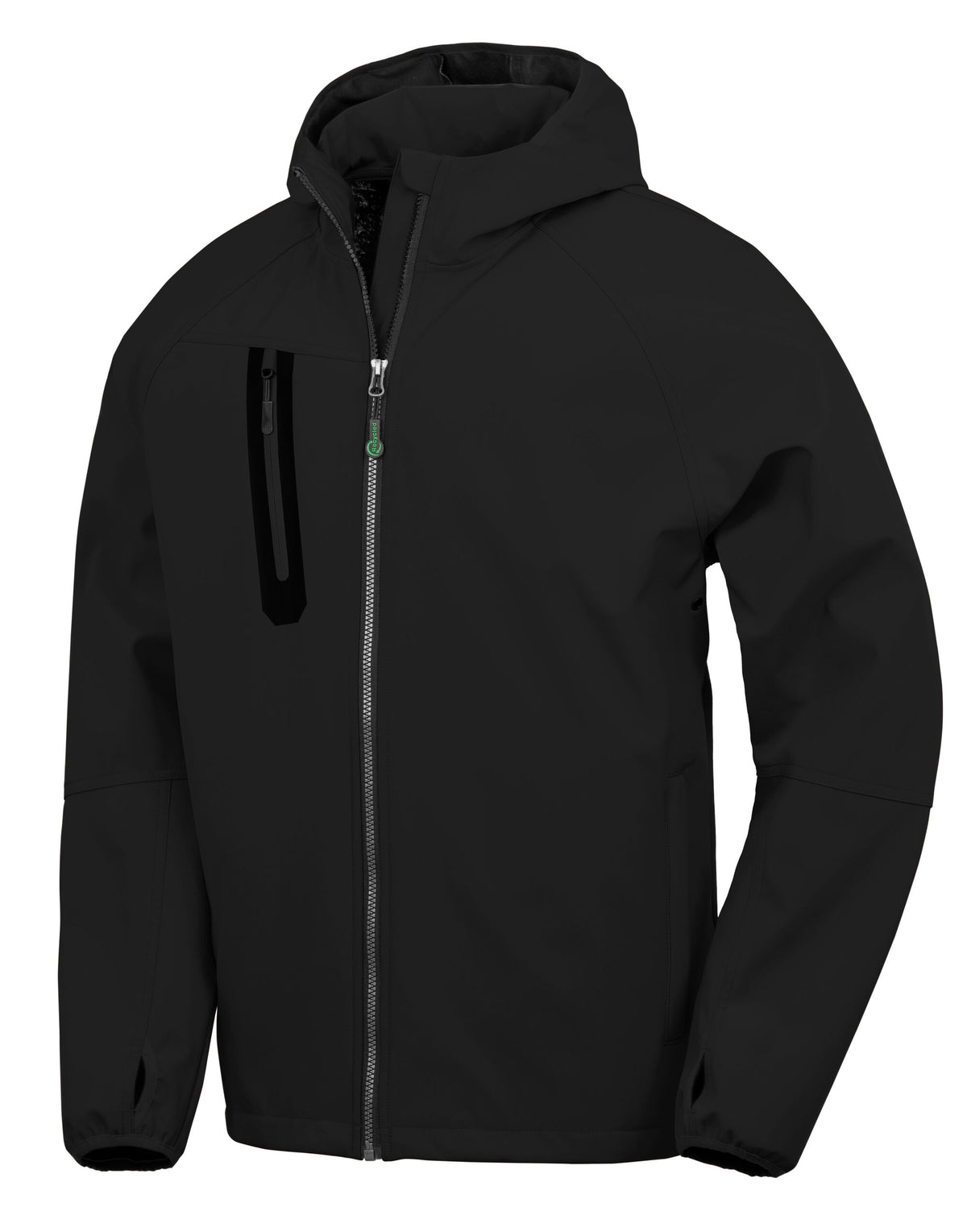 Result Recycled 3-Layer Hooded Softshell Jacket in Black, front view