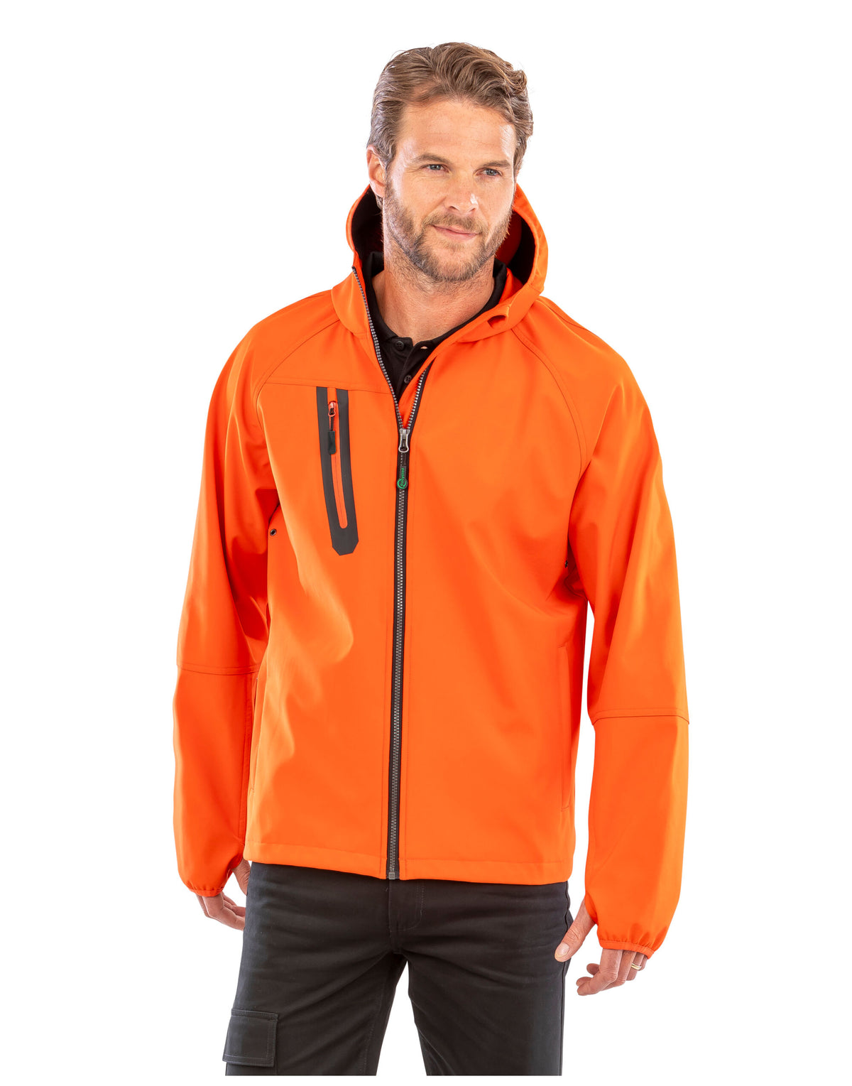 Model wearing the Result Recycled 3-Layer Hooded Softshell Jacket in Orange and Navy, front view