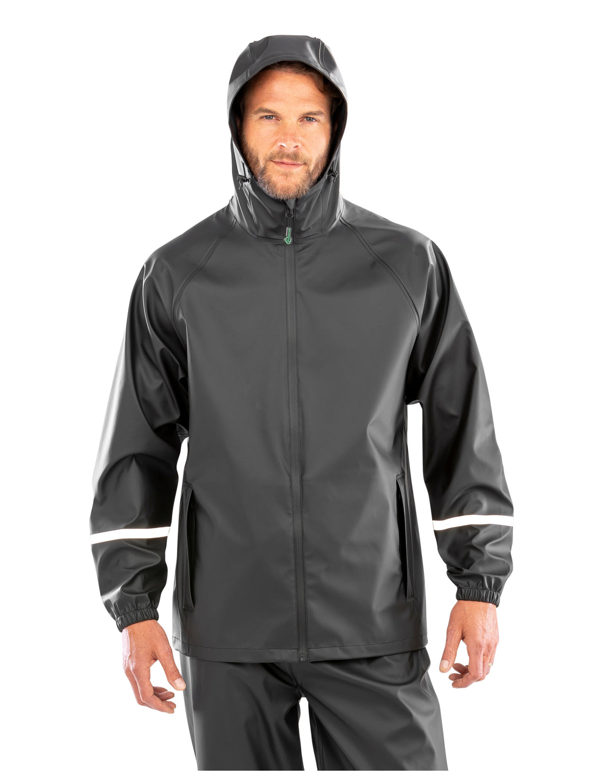 Model wearing the Result Prism Waterproof Jacket in Black, front view, hood up