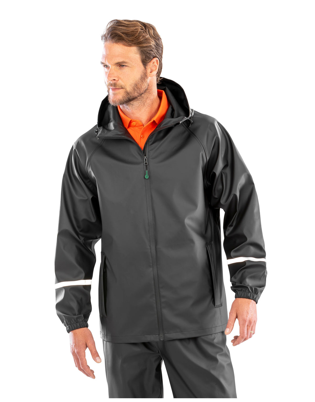 Model wearing the Result Prism Waterproof Jacket in Black, three-quarter view