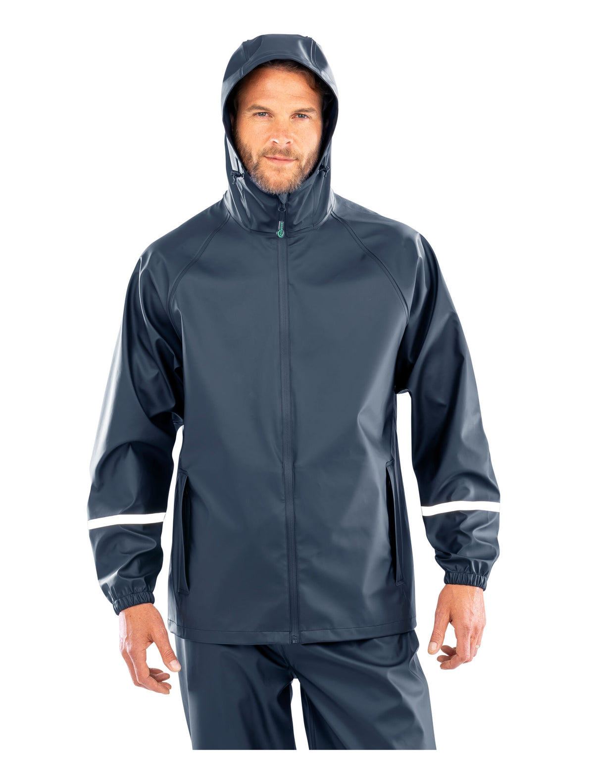 Model wearing the Result Prism Waterproof Jacket in Navy, front view, hood up