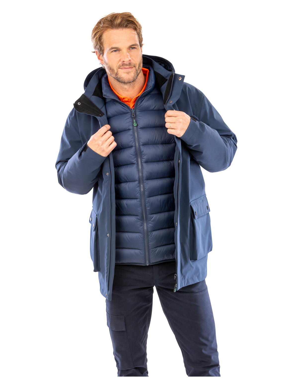 Model wearing the Result Recycled 3-In-1 Padded Jacket in Navy, front view, unzipped, showing the inner jacket
