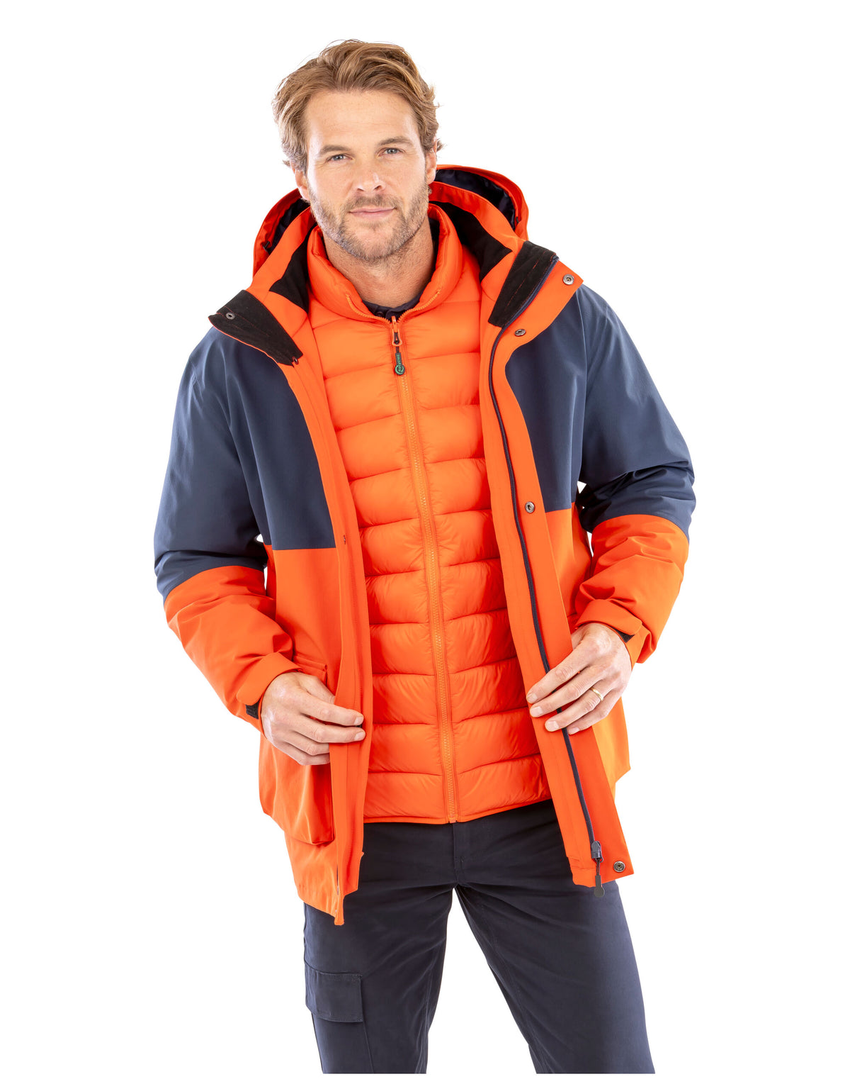 Model wearing the Result Recycled 3-In-1 Padded Jacket in Orange and Navy, front view, unzipped, showing the inner jacket