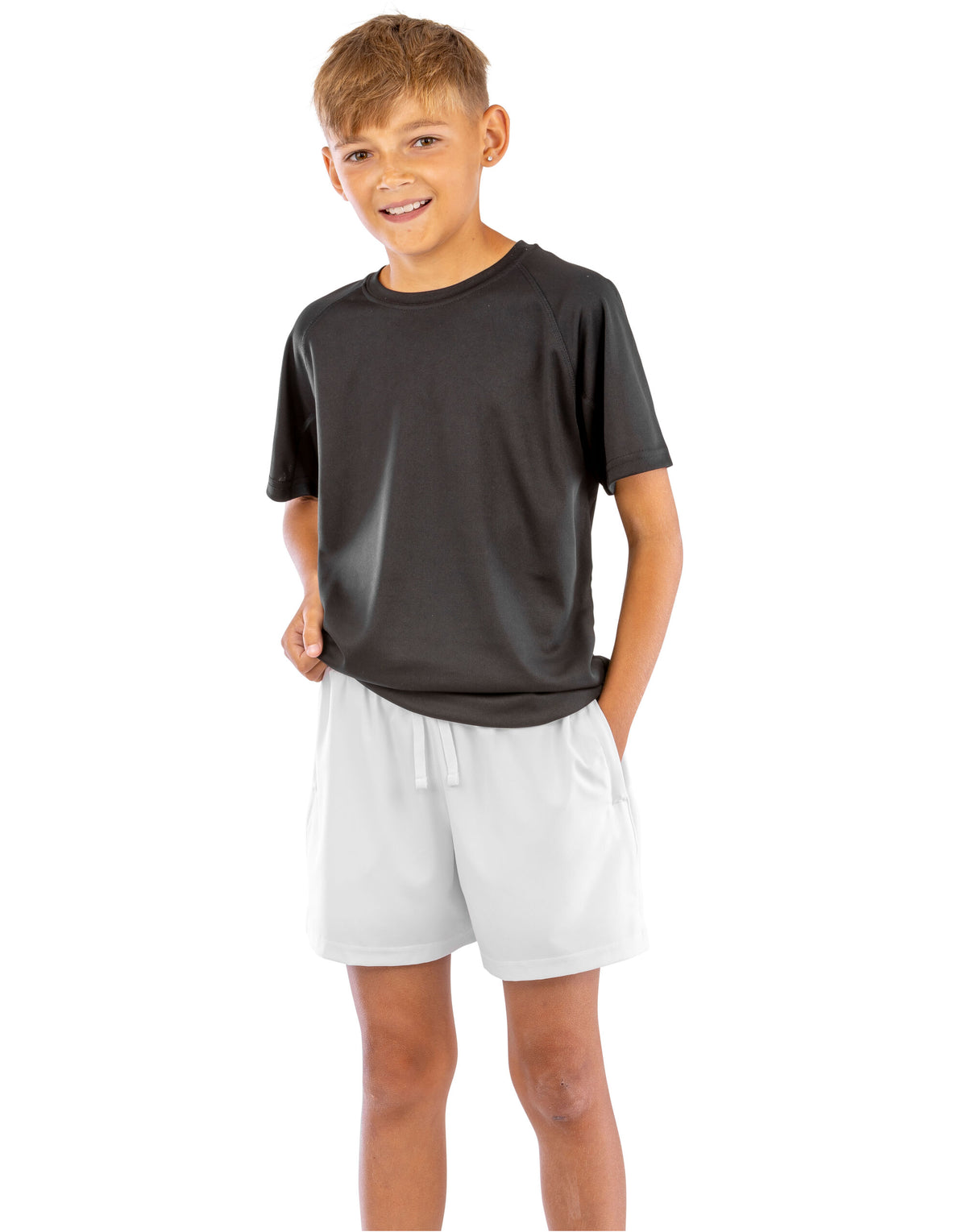 Model wearing the Spiro Recycled Junior Shorts in White, front view, full length
