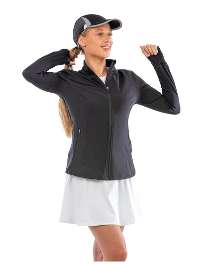 Model wearing the Spiro Recycled Ladies Fitness Jacket in Black, front view, arm raised