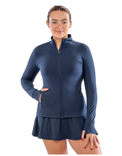 Model wearing the Spiro Recycled Ladies Fitness Jacket in Navy, front view