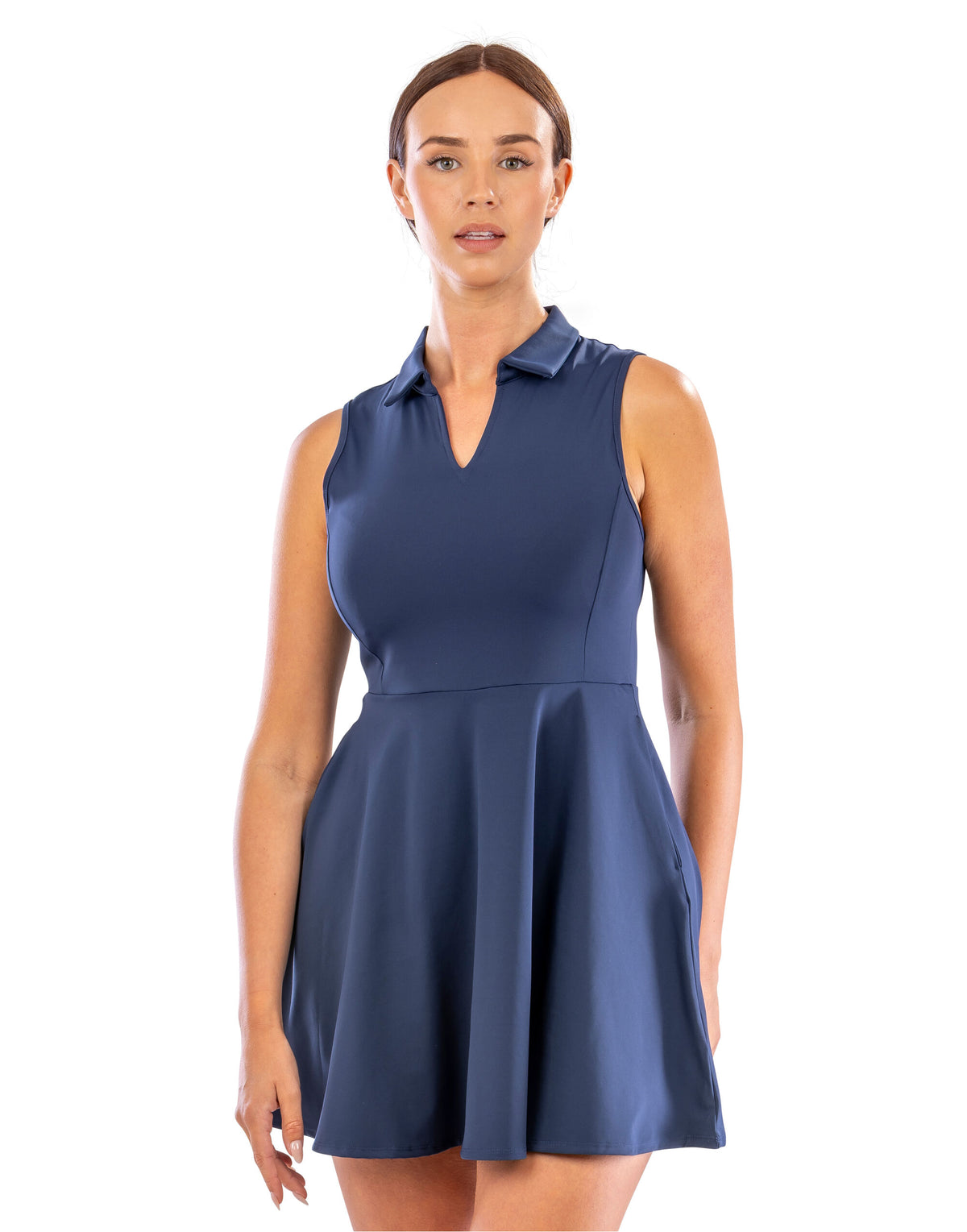 Model wearing the Spiro Recycled Ladies Fitness Dress in Navy, front view