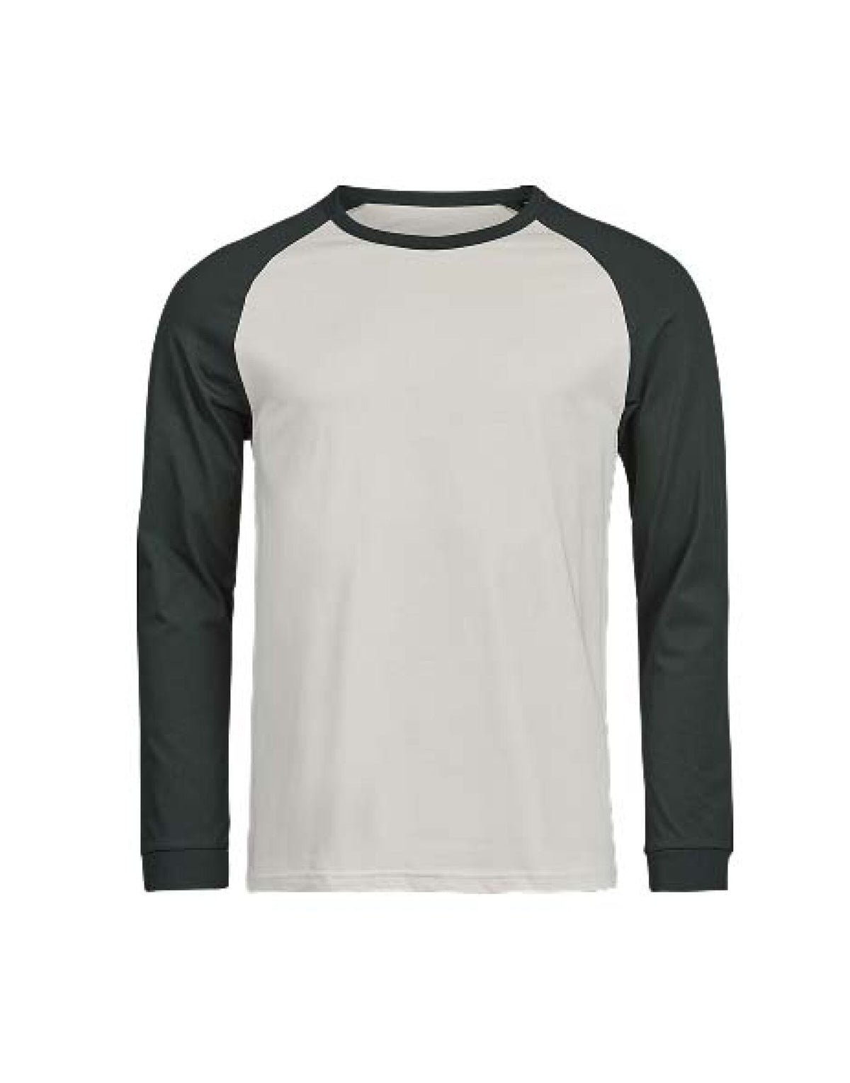 Tee Jays Unlabelled Long Sleeve Baseball T-Shirt in Cement and Dark Green, front view