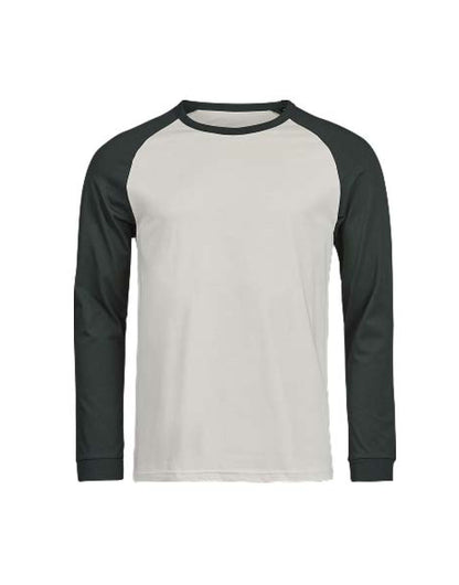 Tee Jays Unlabelled Long Sleeve Baseball T-Shirt in Cement and Dark Green, front view