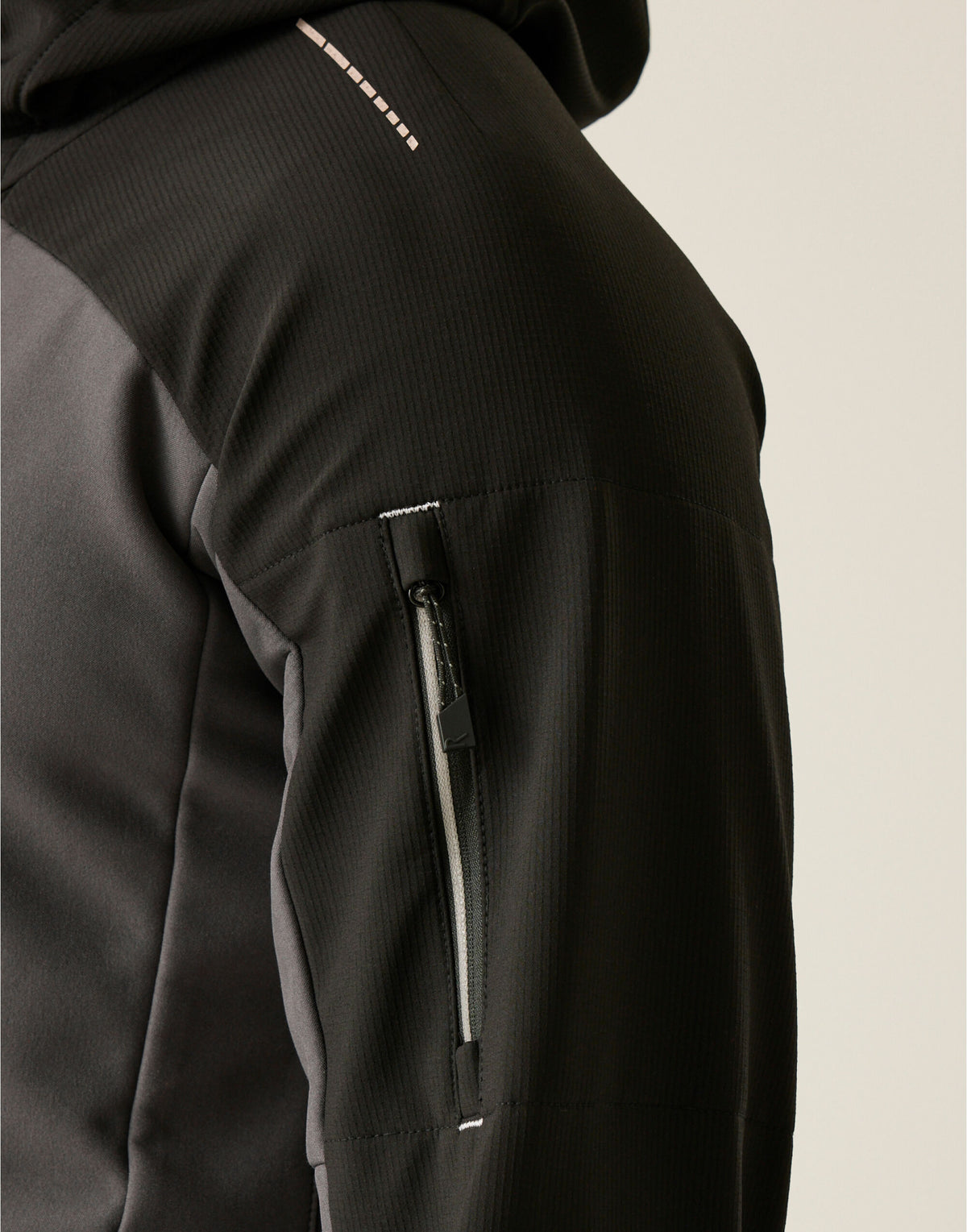 Close-up of the zipped sleeve pocket of the Regatta 4TEX Men's Stretch 3-Layer Softshell Jacket