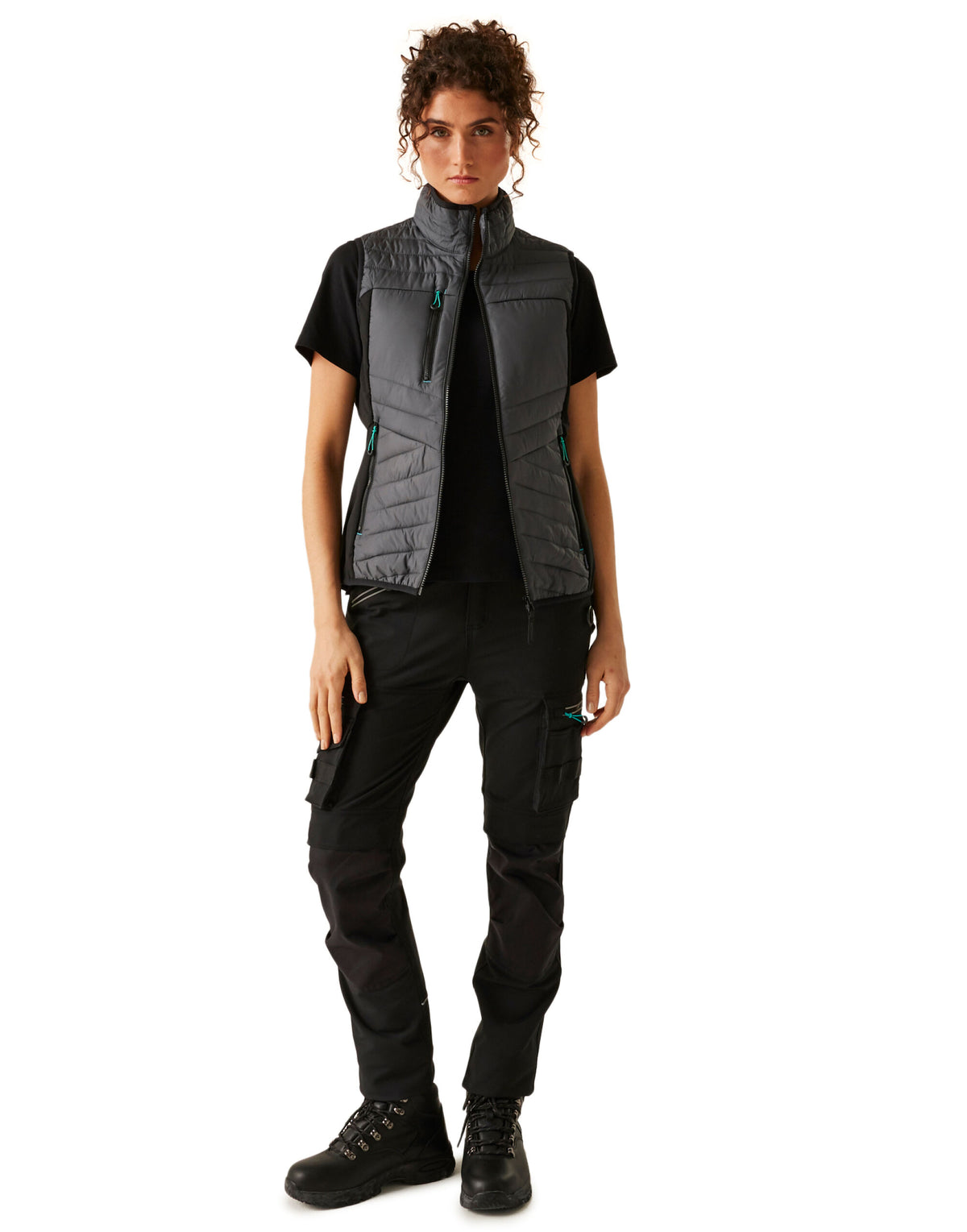 Model wearing the Regatta Ada Ladies Hybrid Bodywarmer in Seal Grey and Black, front view, full length