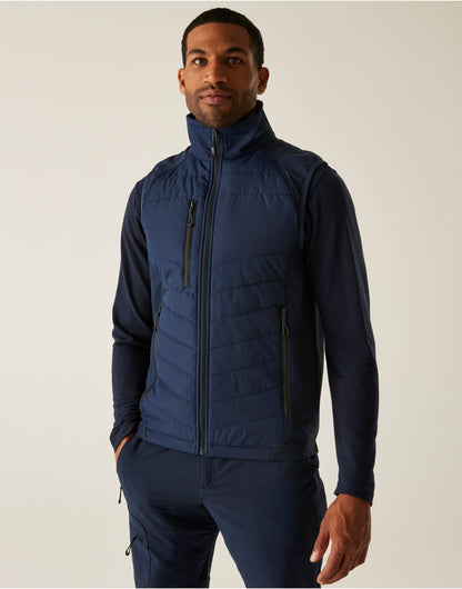 Model wearing the Regatta Pro Men’s Universal Bodywarmer in Navy and Ash, front view