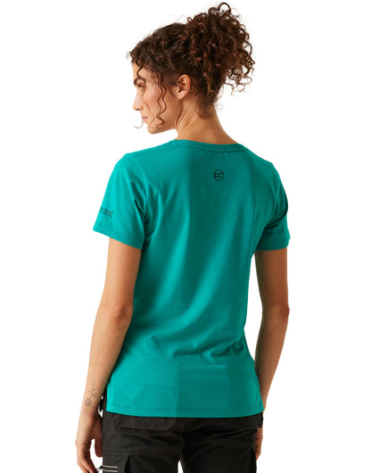 Model wearing the Regatta Ada Ladies Cotton Stretch T-Shirt in Wilderness Green, back view