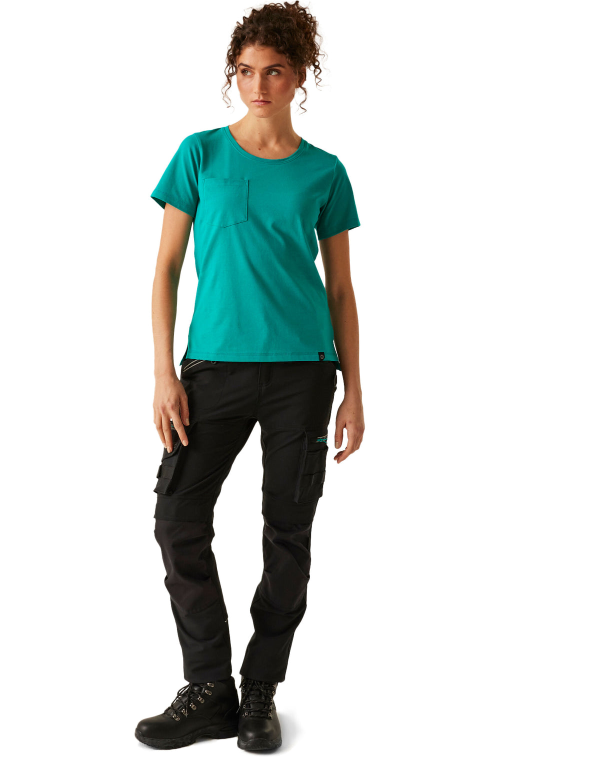 Model wearing the Regatta Ada Ladies Cotton Stretch T-Shirt in Wilderness Green, front view, full length