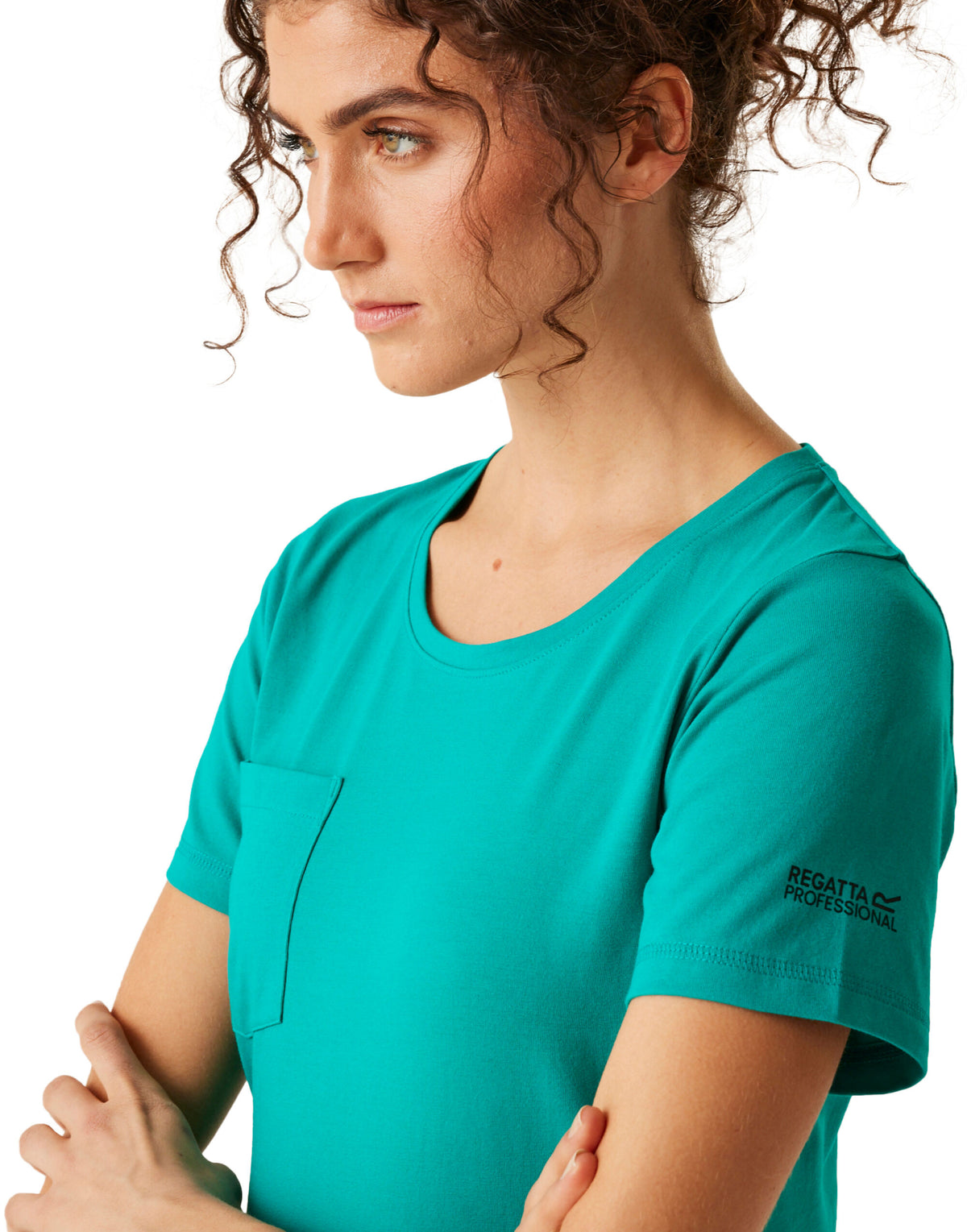 Model wearing the Regatta Ada Ladies Cotton Stretch T-Shirt in Wilderness Green, close-up, arms folded