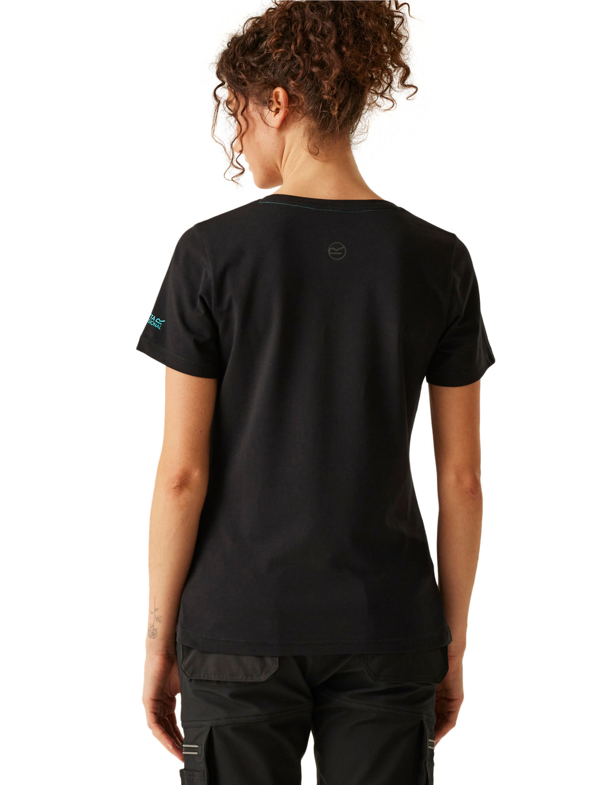 Model wearing the Regatta Ada Ladies Cotton Stretch T-Shirt in Black, back view