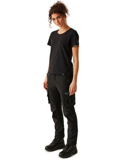 Model wearing the Regatta Ada Ladies Cotton Stretch T-Shirt in Black, front view, full length
