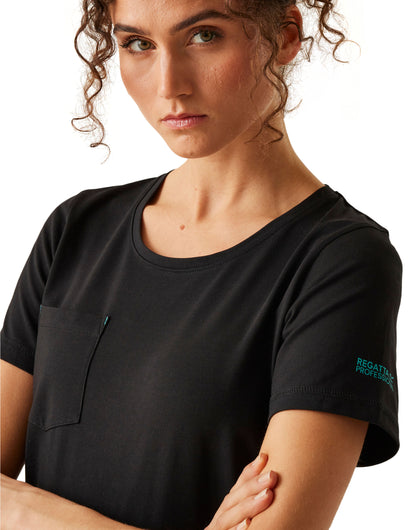 Model wearing the Regatta Ada Ladies Cotton Stretch T-Shirt in Black, close-up, arms folded