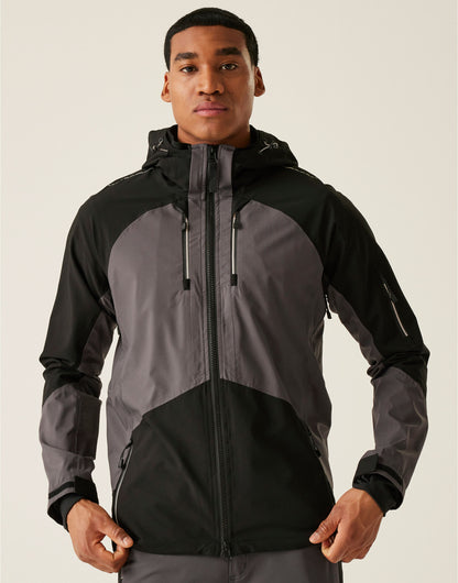 Model wearing the Regatta 4TEX Men's Stretch Waterproof Shell Jacket in Slate Grey and Black, front view