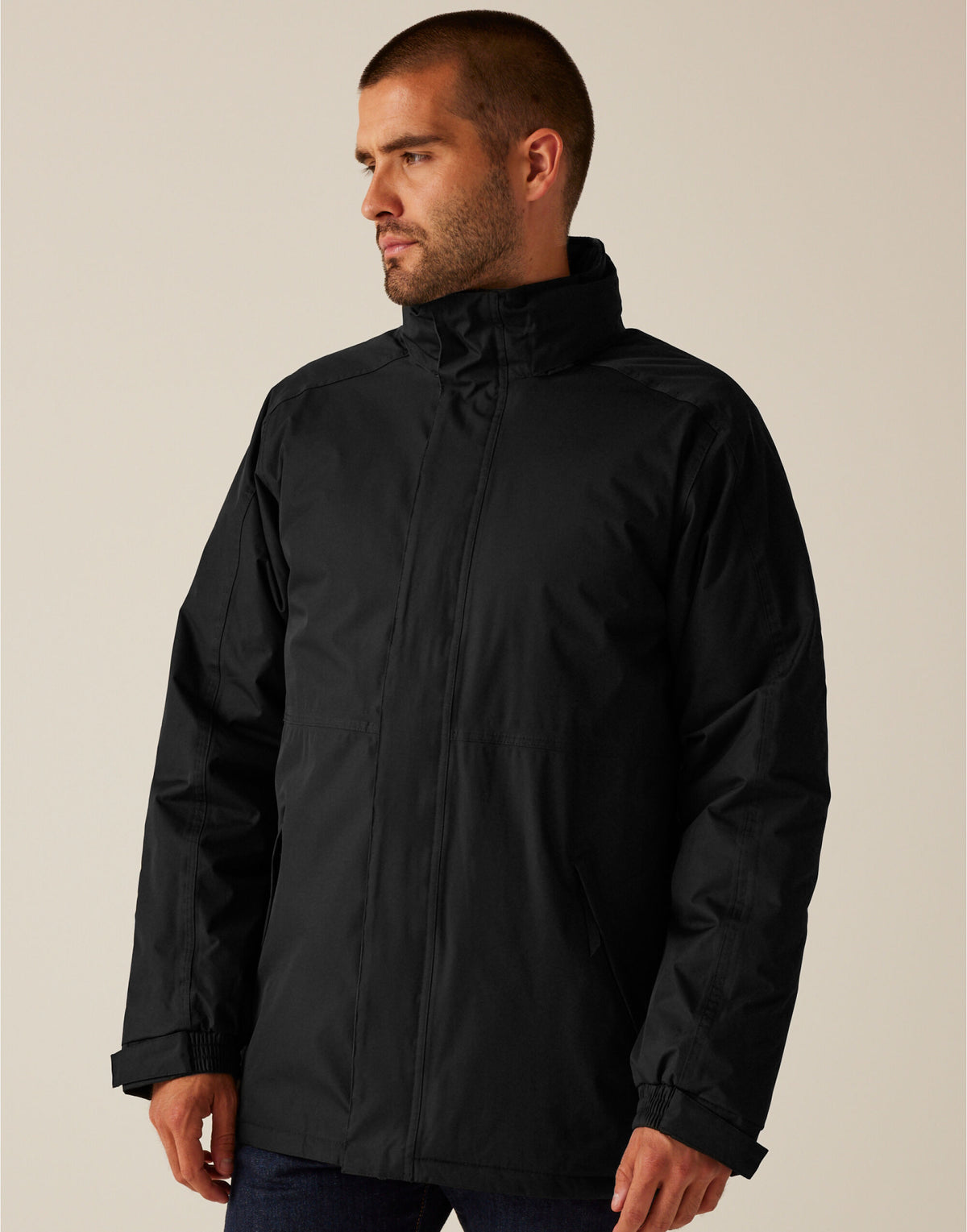 Model wearing the Regatta Dover Men's Parka in Black, front view