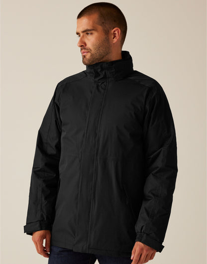 Model wearing the Regatta Dover Men's Parka in Black, front view