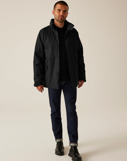 Model wearing the Regatta Dover Men's Parka in Black, front view, full length, unzipped