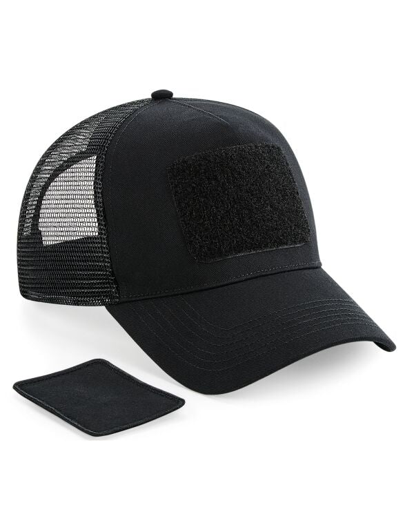 Beechfield Patch Snapback Trucker Cap in Black, three-quarter view, with its patch