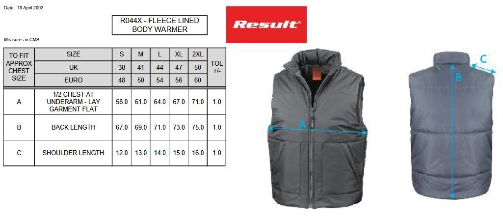 Result Fleece Lined Bodywarmer | Unisex | Showerproof | Windproof | Padded Collar | 3 Colours | S-2XL