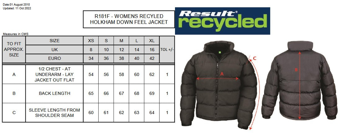 Result Urban Ladies Recycled Holkham Down Feel Jacket | Padded | Showerproof | 2 Colours | XS-XL
