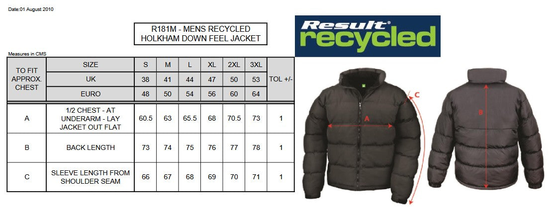 Result Urban Men's Holkham Down Feel Jacket | Recycled | Showerproof | Windproof | 2 Colours | S-3XL