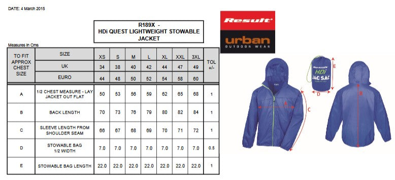 Result Urban HDi Quest Lightweight Stowable Jacket | Unisex | Waterproof | Hood | Packable | 6 Colours | XS-3XL