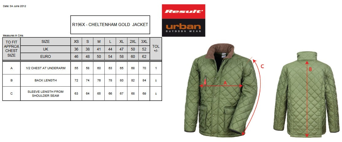 Result Urban Cheltenham Gold Jacket | Unisex | Padded | Quilted | Windproof | Fleece Lined | 2 Colours | XS-3XL