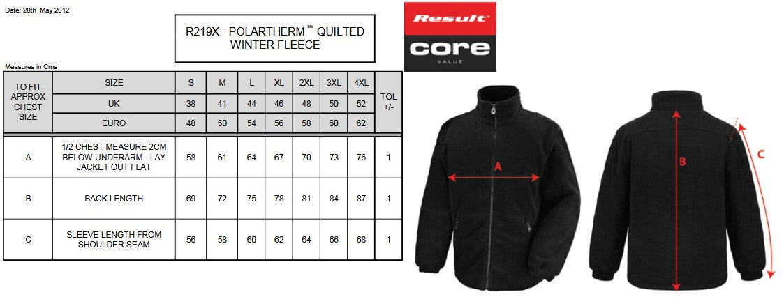 Result Core Polartherm Quilted Winter Fleece | Unisex | Windproof | Super Warm | Padded | Black or Navy | S-4XL