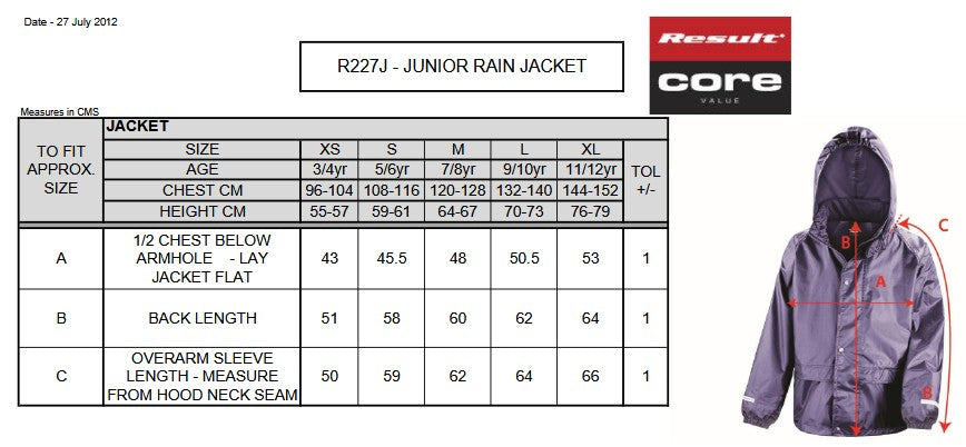 Result Core Junior Rain Jacket | Waterproof | Windproof | Taped Seams | Hood | Black or Navy | Ages 3-12