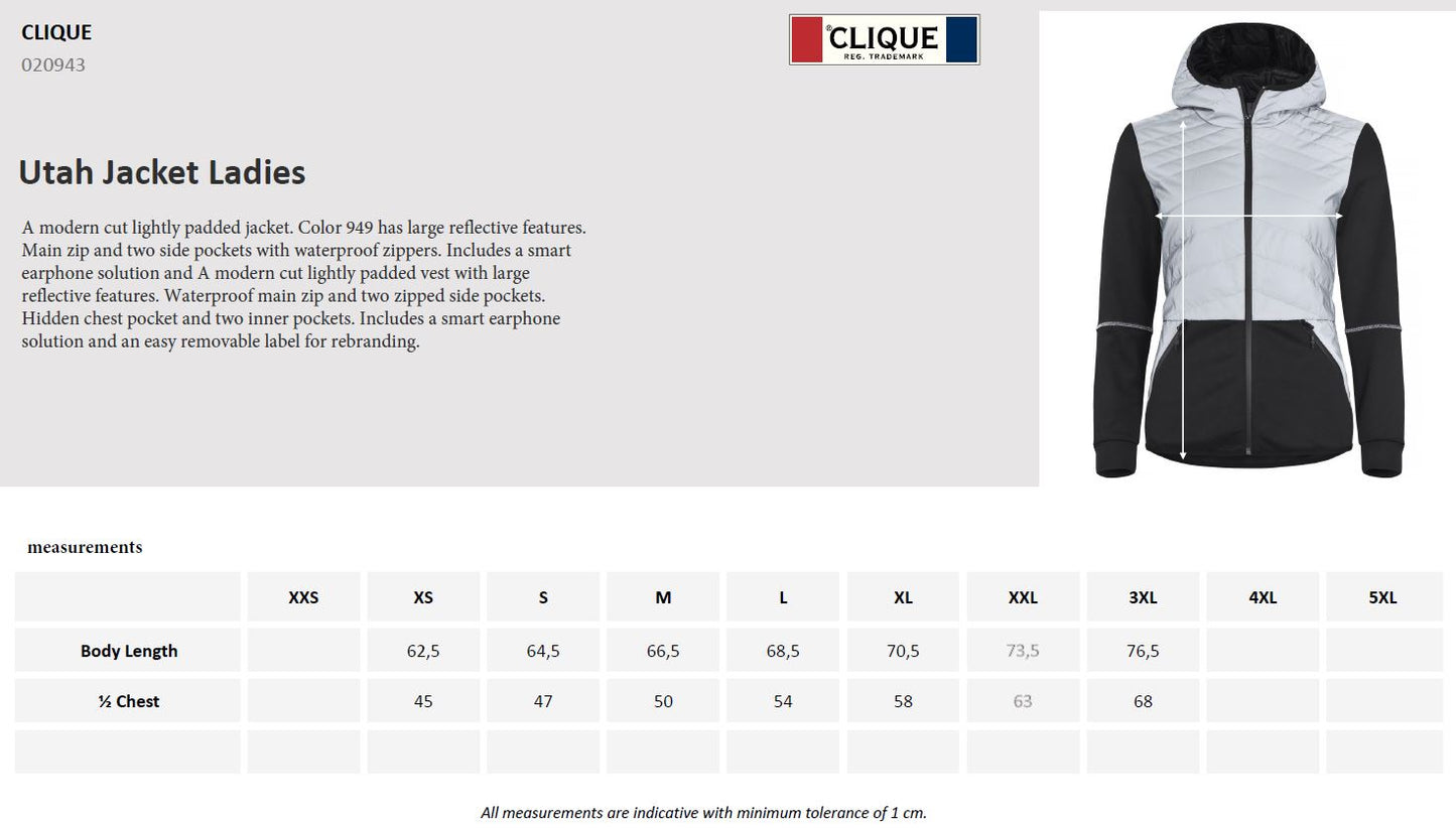 Clique Utah Ladies Jacket | Lightly Padded | Hooded | Reflective or Black | XS-2XL - Summer Jacket - Logo Free Clothing