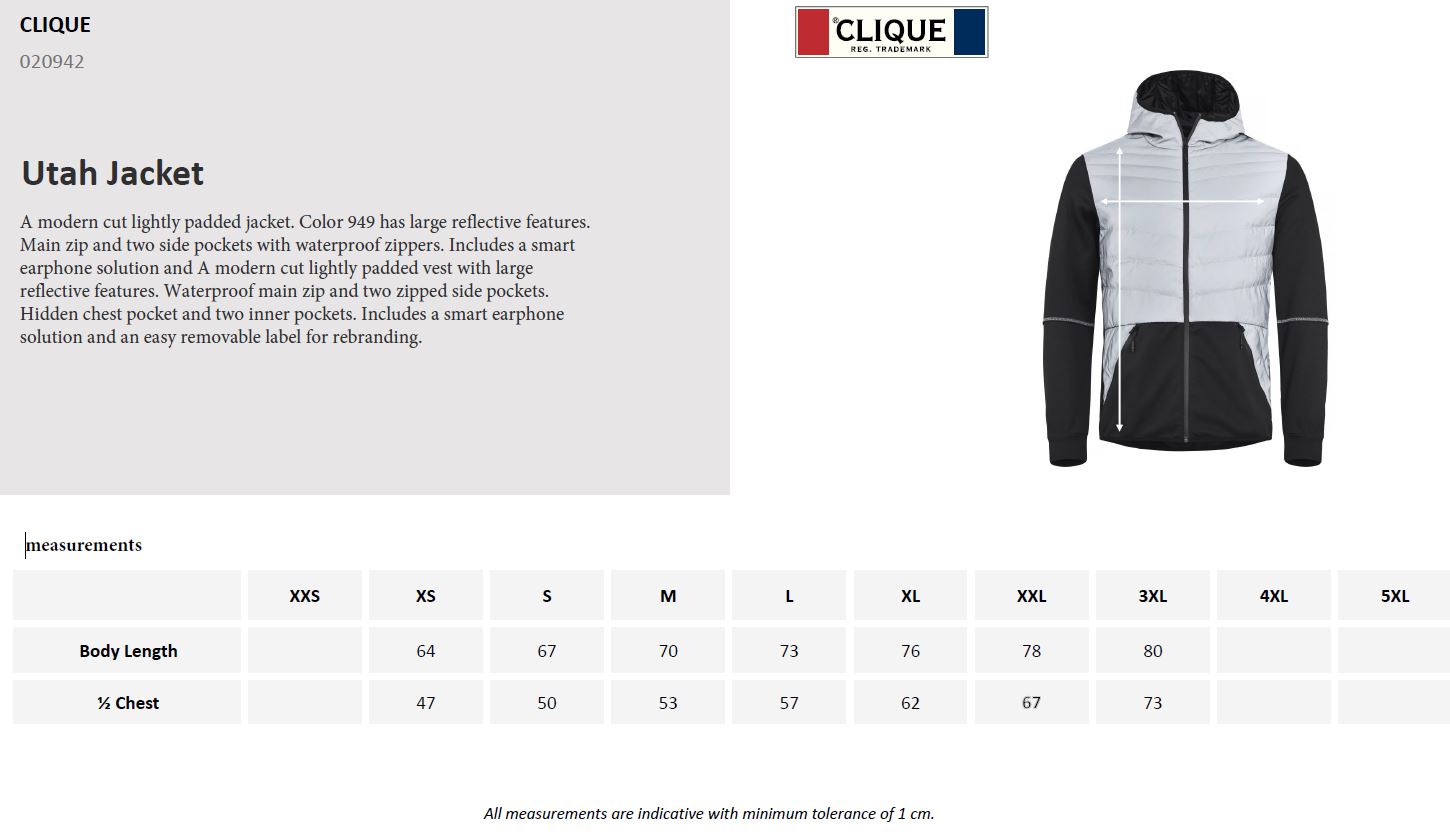 Clique Utah Mens Jacket | Lightly Padded | Hooded | Reflective or Black | XS-3XL - Summer Jacket - Logo Free Clothing